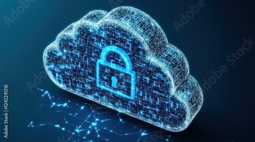 A digital cloud with a lock symbol, representing secure data storage and cybersecurity.