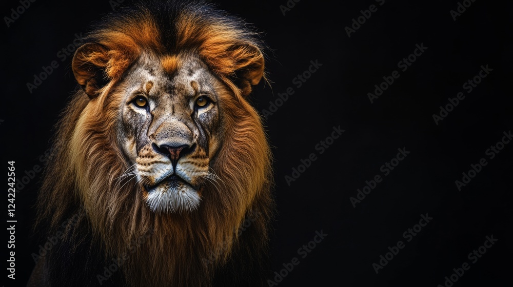 Portrait of a majestic lion, isolated on a black background, with copy space concept. World Wildlife Day campaign. Portrait of a majestic lion, isolated on a black background, with copy space concept. World Wildlife Day campaign.