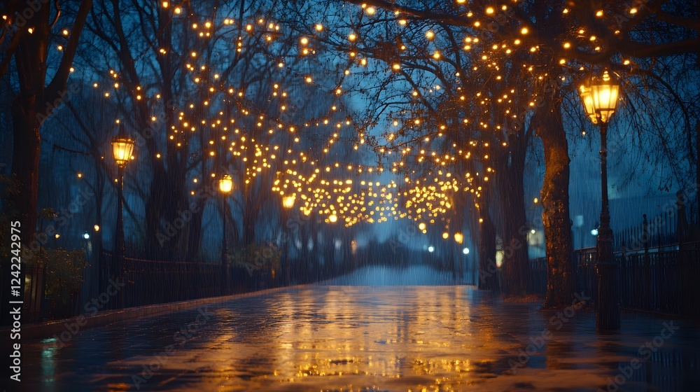 Naklejka premium Enchanting night walk under twinkling fairy lights and rain-soaked pavement.