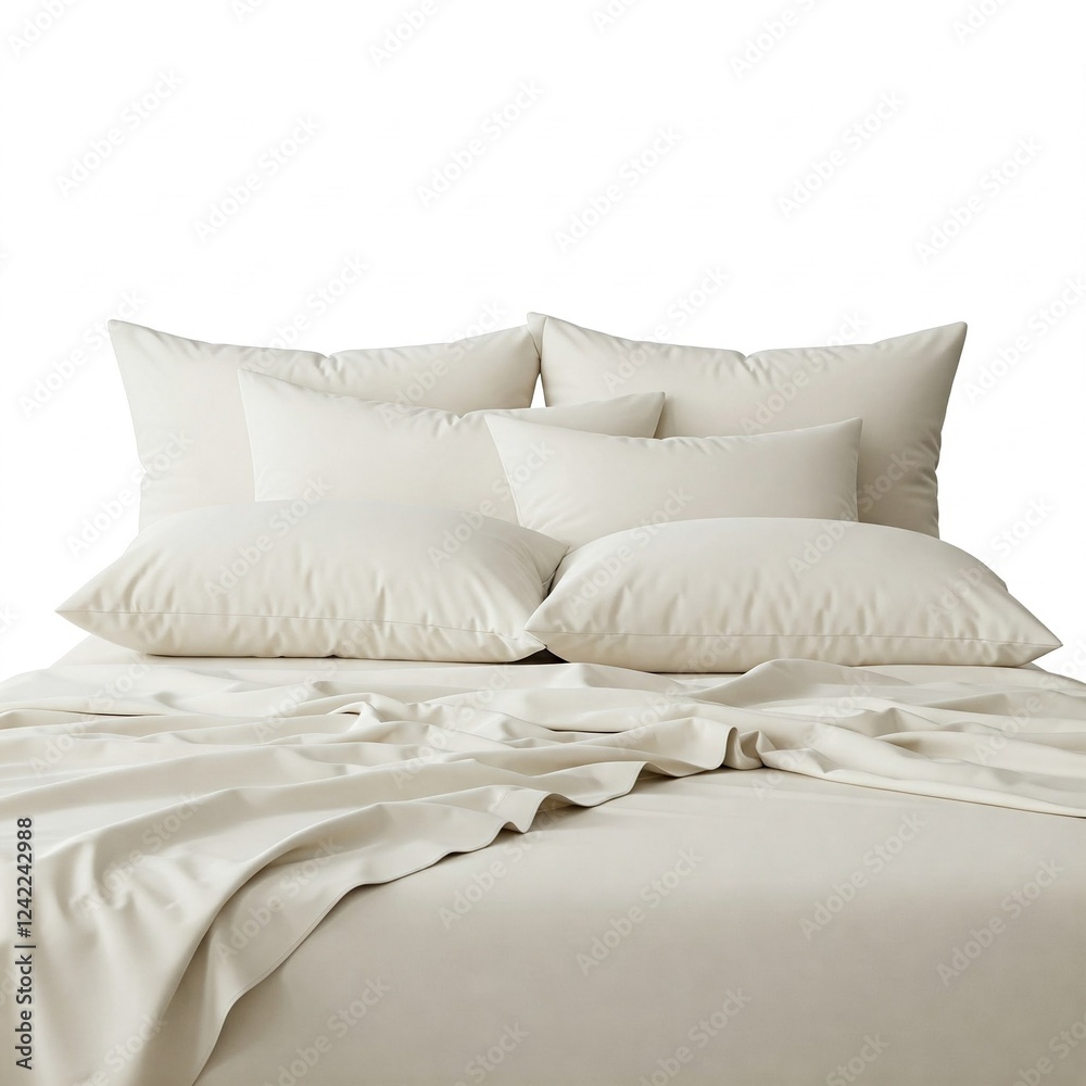 Obraz premium soft cream white pillows on crisp white bed sheets with wrinkled bedding in minimalist bedroom setting