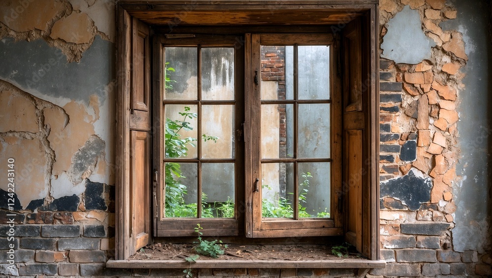 Rustic window framed by antique wood in abandoned building Rustic window framed by antique wood in abandoned building