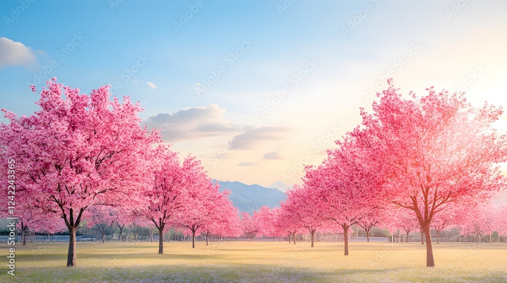 Vibrant cherry blossom trees in full bloom under a clear blue sky. Vibrant cherry blossom trees in full bloom under a clear blue sky.