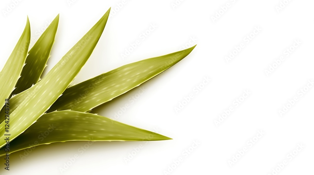 Fototapeta premium Close-up of vibrant green aloe vera leaves on a white background, ideal for wellness and skincare themes