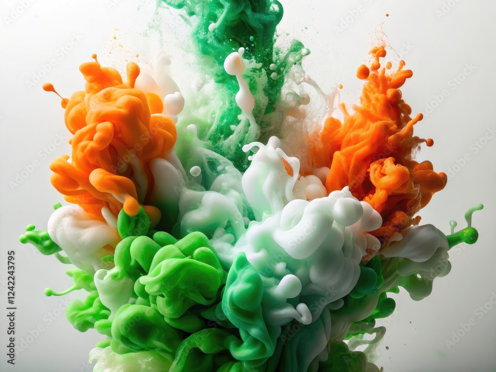 Obraz premium Surreal texture: a chaotic dance of green, white, and orange splatters.