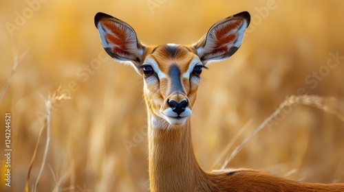 A beautiful impala looking at the camera in National Park. Animal World Wildlife Day photography concept.
