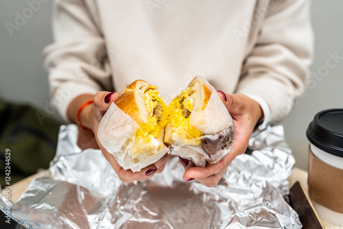 Woman holding a delicious bacon, egg and cheese bagel in New York photo