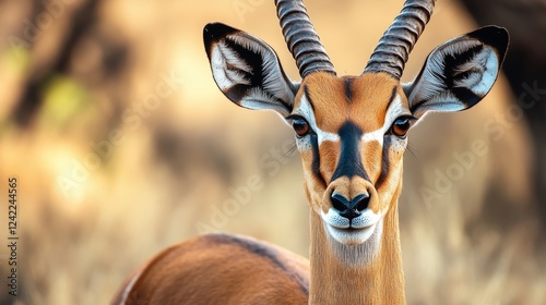 A beautiful impala looking at the camera in National Park. Animal World Wildlife Day photography concept.