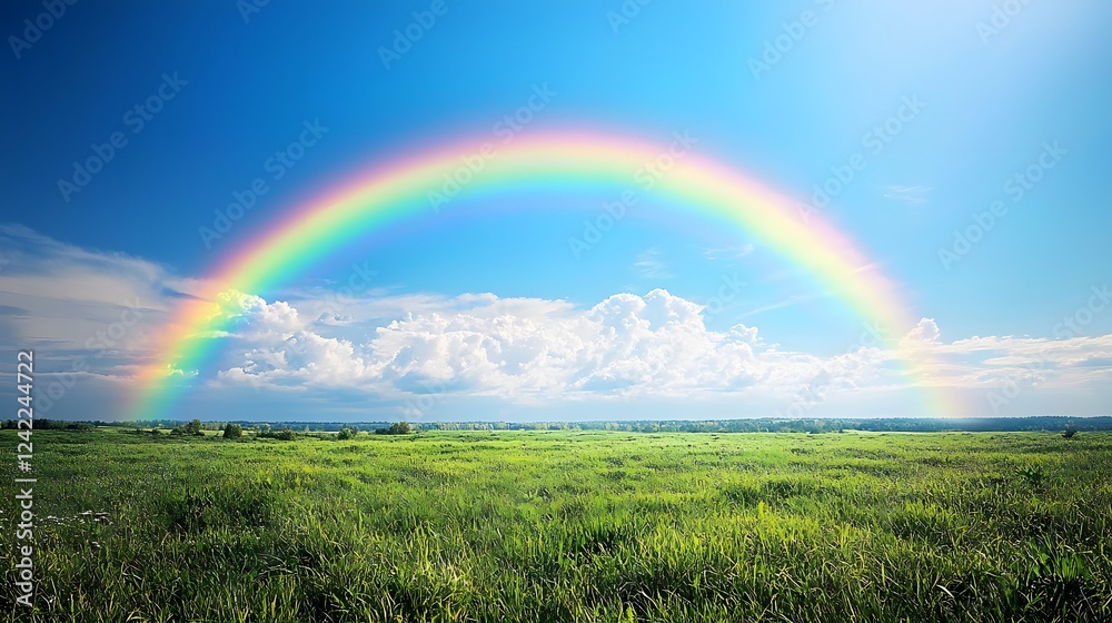Obraz premium Vibrant Rainbow Over Lush Green Field Nature Landscape Photography Bright Day View