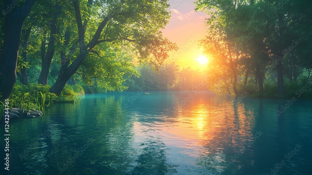 Obraz premium Sunrise Reflection Over Serene River Tranquil Forest Nature Photography Peaceful Environment