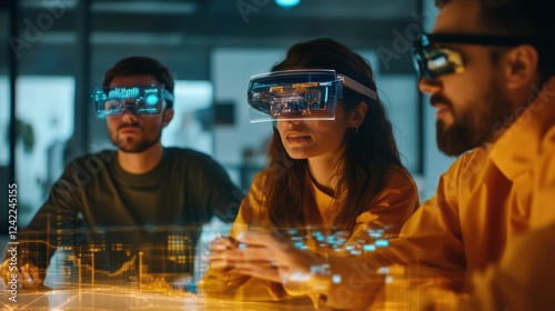 Diverse team of engineers wearing ar glasses and interacting with holographic interface, analyzing and planning smart city infrastructure in a dark technological office