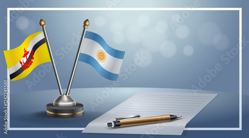 Brunei and Argentina National flags on small table with bokeh background, cooperative relationship