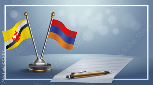 Brunei and Armenia National flags on small table with bokeh background, cooperative relationship