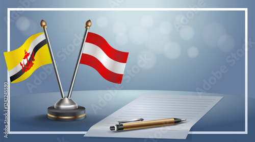Brunei and Austria National flags on small table with bokeh background, cooperative relationship