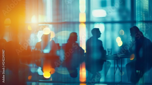 Silhouettes of Business People Engaged in Conversation in Cafe