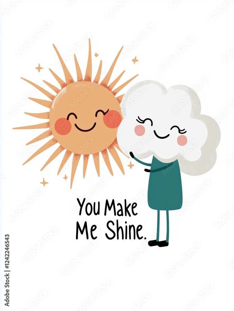 Playful and Colorful Cartoon Sun and Cloud Characters with the Uplifting Text 'You Make Me Shine.' Playful and Colorful Cartoon Sun and Cloud Characters with the Uplifting Text 'You Make Me Shine.'