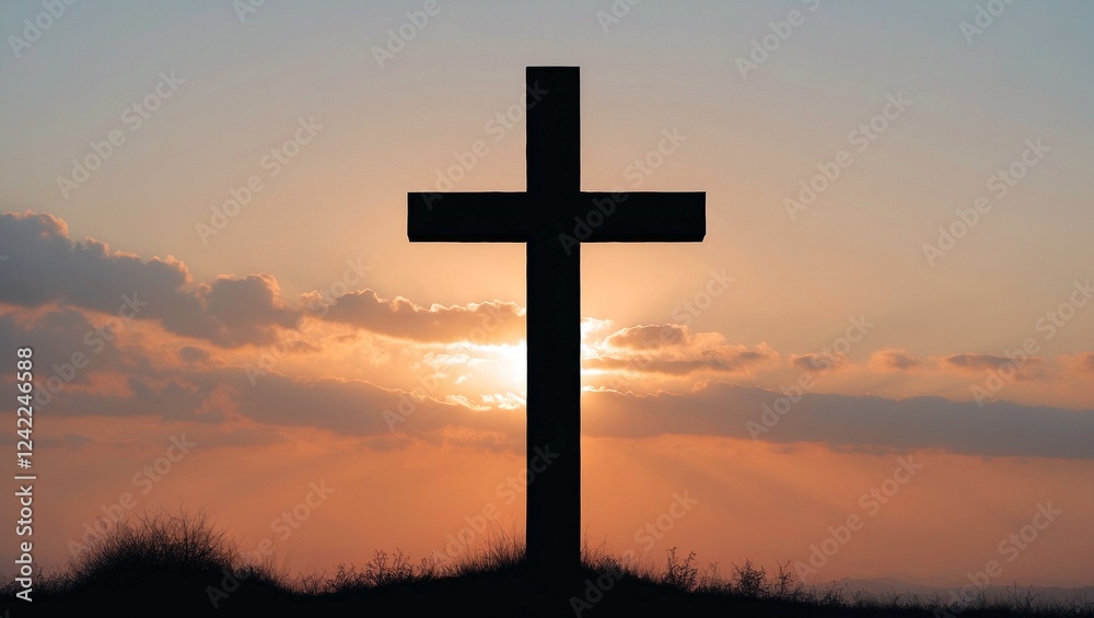Silhouette of a cross at serene sunrise Silhouette of a cross at serene sunrise