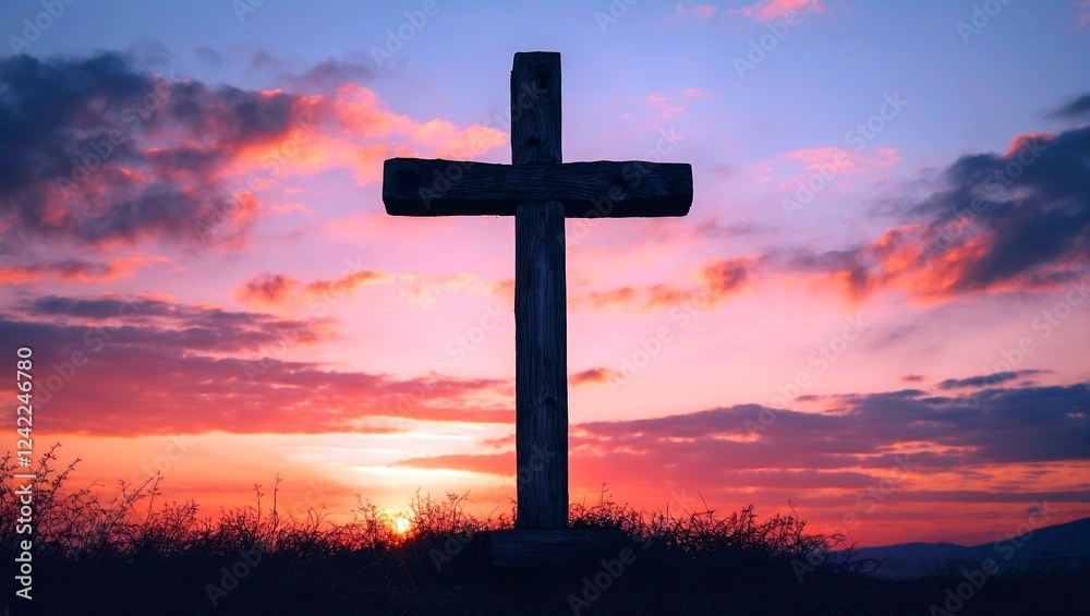 Silhouette of a cross beneath a stunning sunset Silhouette of a cross beneath a stunning sunset