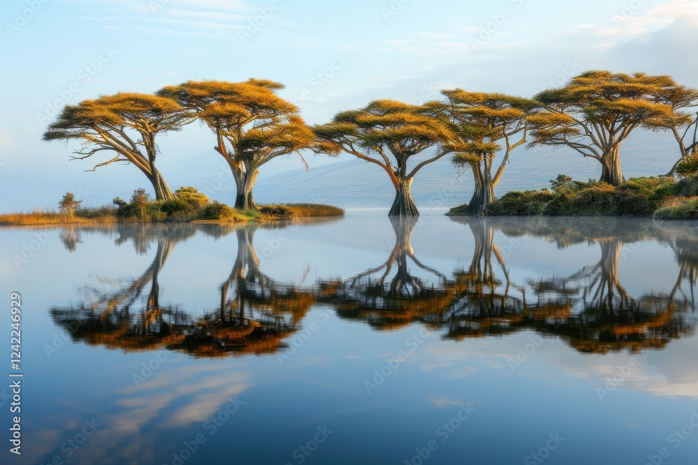 Fototapeta premium Tranquil lake mirrors acacia trees. Golden foliage reflects perfectly in still water under a pale sky. Serene nature scene.