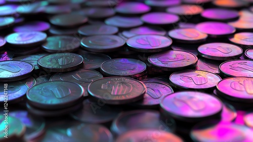 Shiny Coins Scattered on a Surface Reflecting Colorful Lights in a Vibrant Arrangement photo