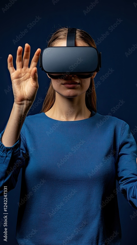 Woman Experiencing Immersive Virtual Reality Headset Technology Woman Experiencing Immersive Virtual Reality Headset Technology