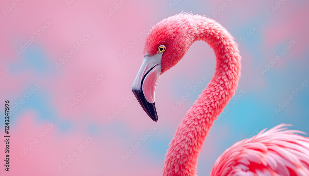 Fototapeta premium Pink Flamingo Portrait Against Pastel Sky