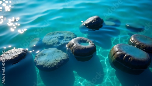 Smooth stones bathed in turquoise water reflect sunlight's dance - conveying serenity and peace, suitable for spa, yoga, or nature-related digital media