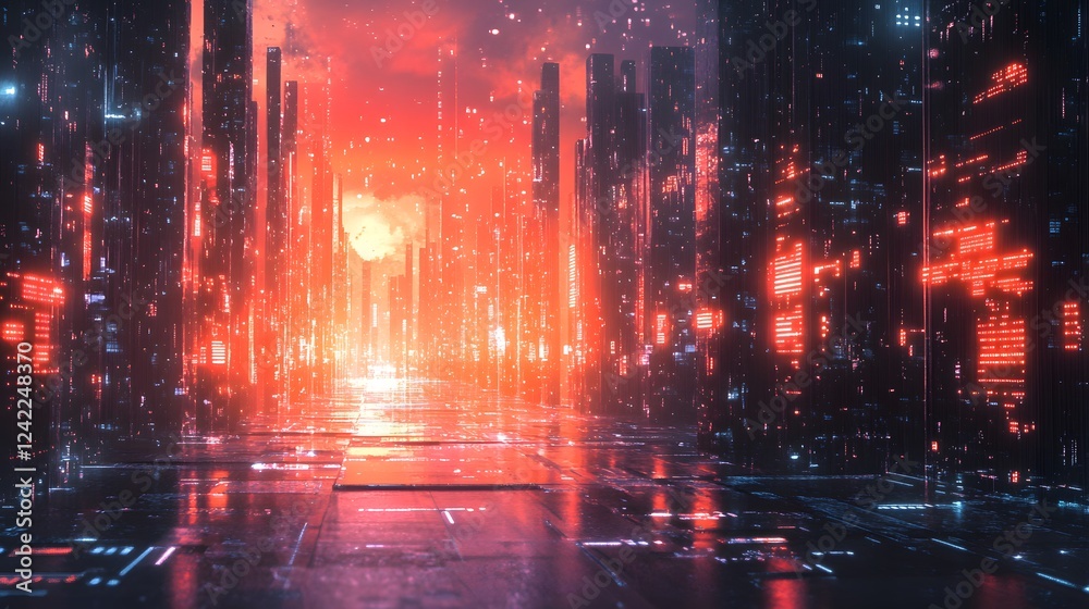 Fototapeta premium Futuristic cityscape with glowing neon lights and reflections.