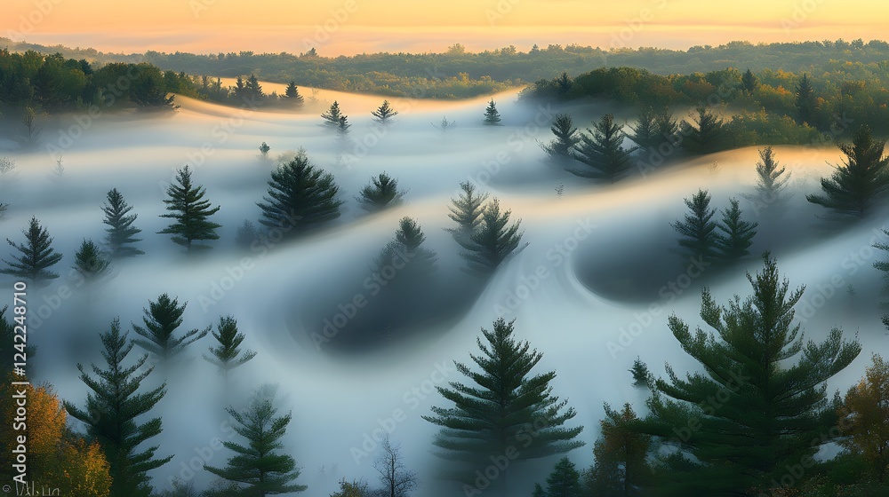 Fototapeta premium Ethereal fog envelops a tranquil forest at dawn with gentle undulations in the landscape.