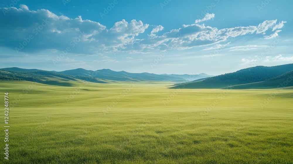 Serene green valley landscape under a blue sky with puffy clouds. Serene green valley landscape under a blue sky with puffy clouds.