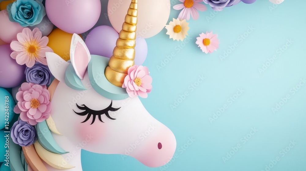 Obraz premium Whimsical Unicorn with Flowers and Balloons on Blue Background