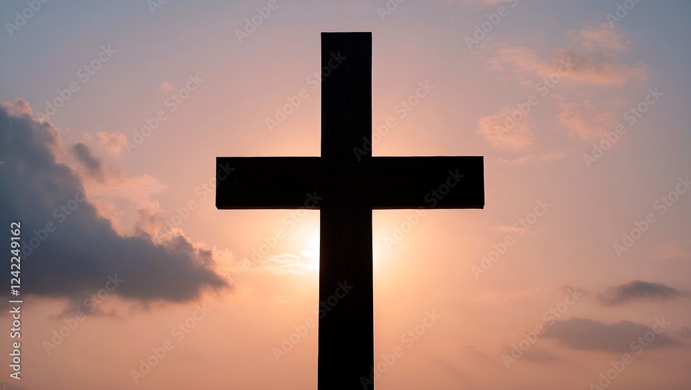Solitary cross silhouette at tranquil sunrise Solitary cross silhouette at tranquil sunrise