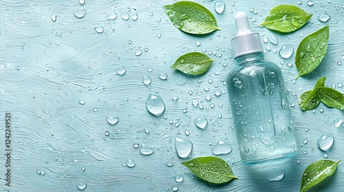 Herbal serum bottle, green leaves, water drops, blue background; beauty product