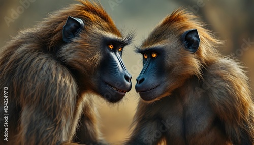 Two baboons locked in intense gaze, highlighting unity and mirroring behavior, suitable for educational content or nature-focused websites
