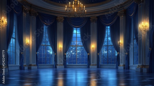Wallpaper Mural Elegant ballroom at night with large windows and blue drapes. Torontodigital.ca