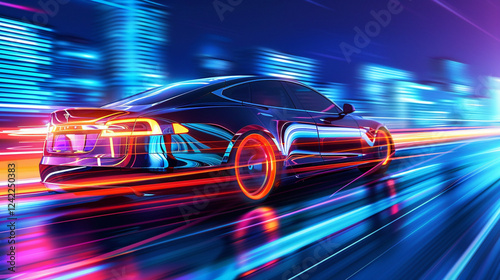 Electric Car Driving on a Smart Road with Wireless Charging, Generative AI