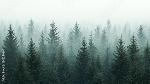 Misty Mountain Forest Coniferous trees shrouded in fog. Wallpaper