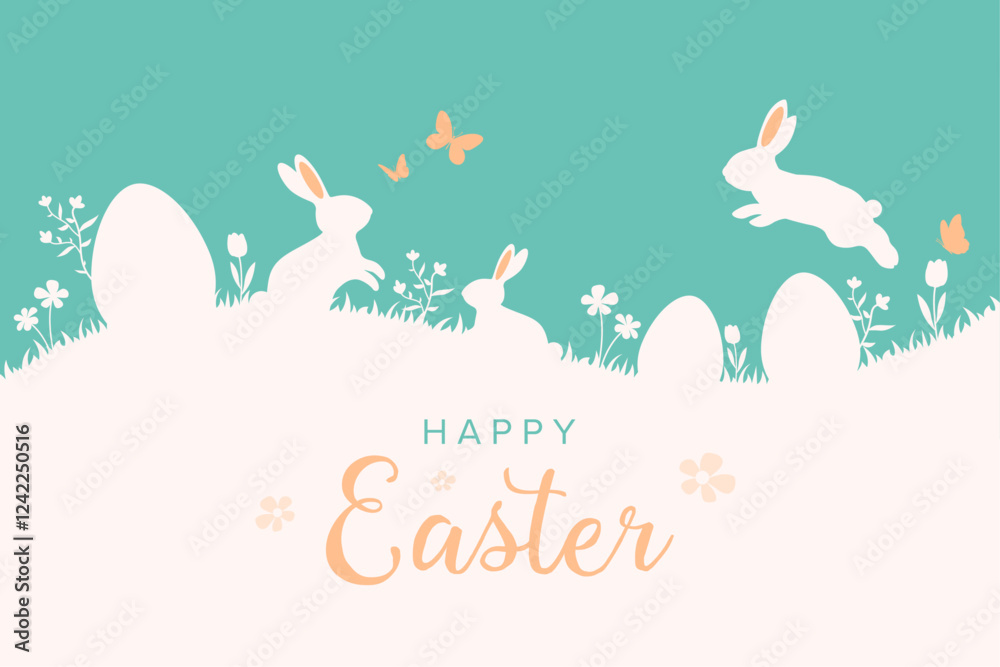 Easter bunnies with easter eggs on meadow with flowers cards