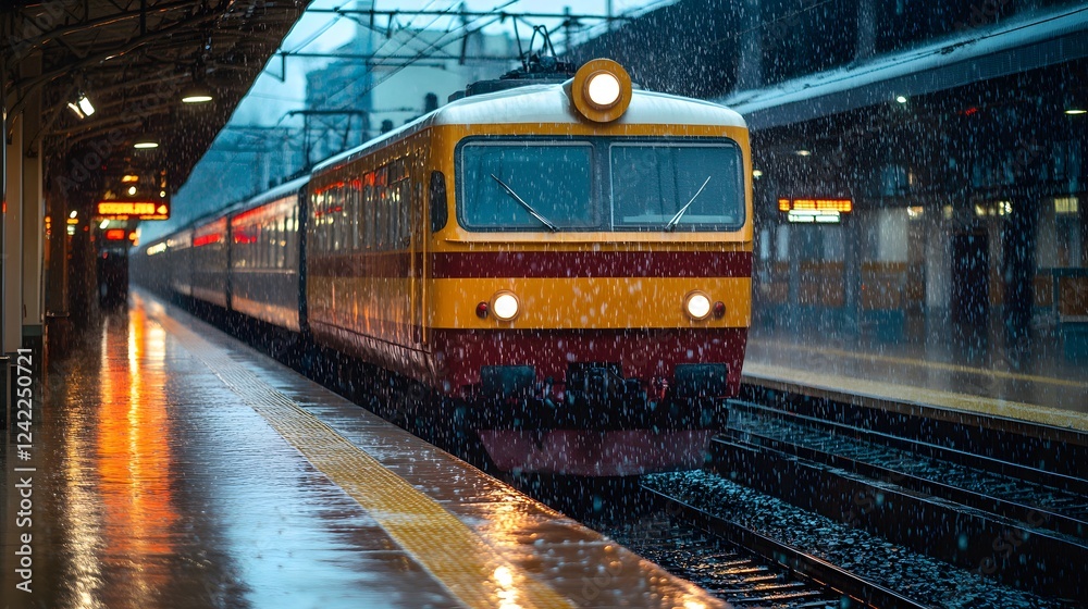 Fototapeta premium A vintage train waits at the rainy platform during a stormy afternoon.