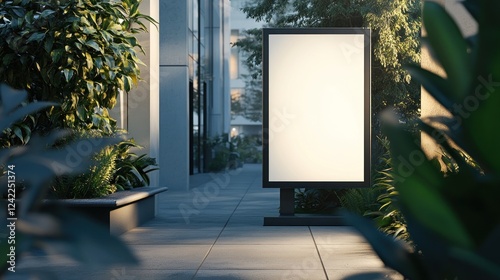 Blank billboard, city street, plants, evening, ad mockup