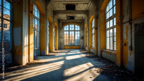 Sunlit hallway in an abandoned building
