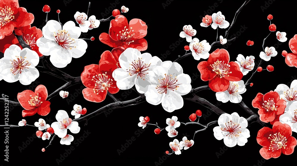 custom made wallpaper toronto digitalRed and white plum blossoms on black background, spring floral design, wall art