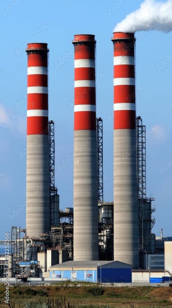 Obraz premium Three Tall Industrial Smokestacks Red White Concrete