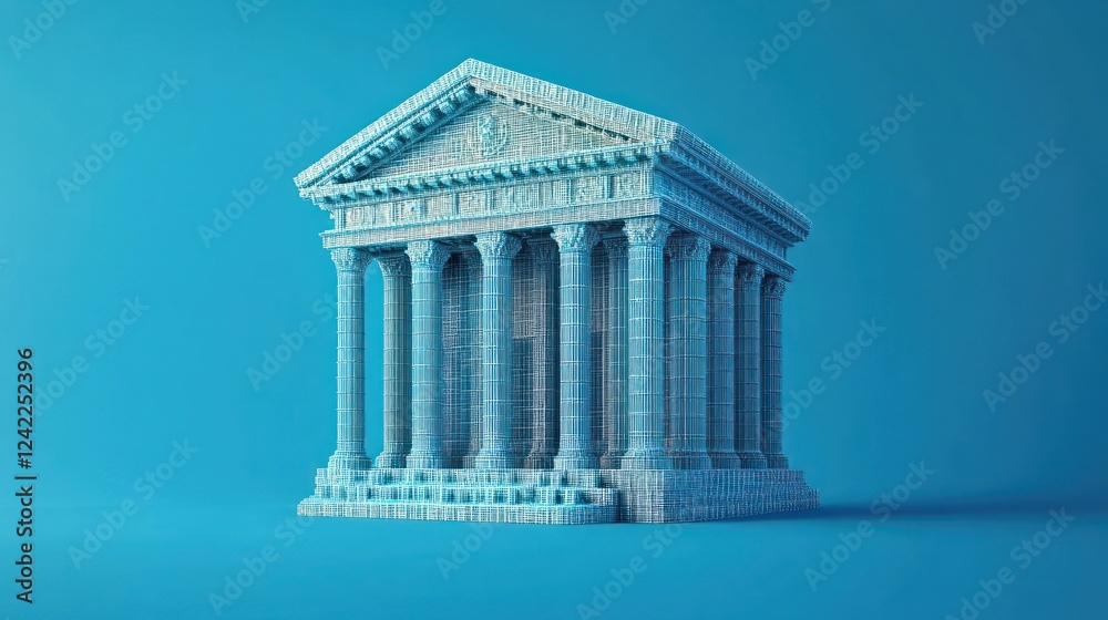 Fototapeta premium Grecian temple, 3D model, blue background.