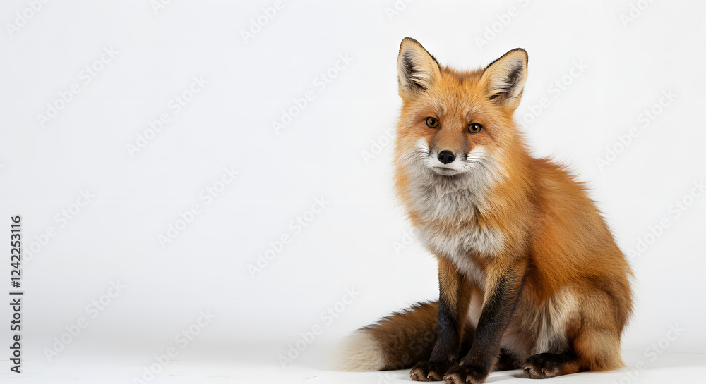 Fototapeta premium red fox sitting with its tail curled around its body, staring attentively against a clean white backdrop