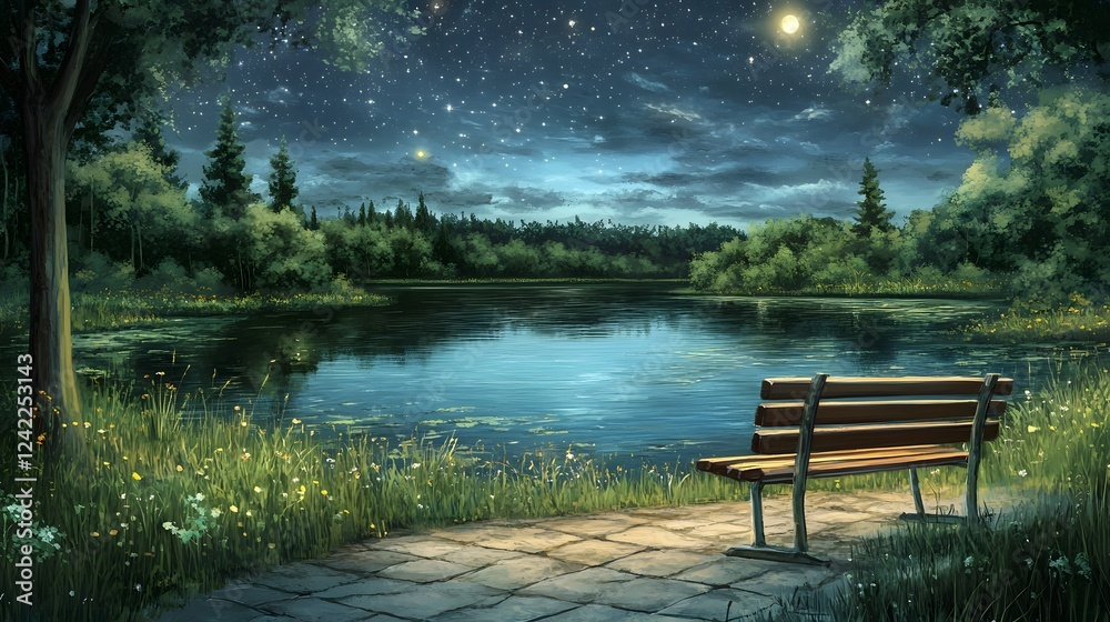 Obraz premium Serene lakeside under a starry night sky with a bench for contemplation.