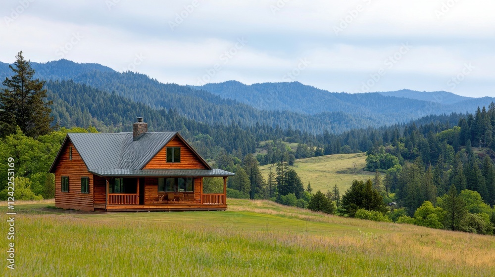 National Day of Unplugging concept. Serene Mountain Cabin Nestled in Lush Green Landscape with Panoramic Views National Day of Unplugging concept. Serene Mountain Cabin Nestled in Lush Green Landscape with Panoramic Views