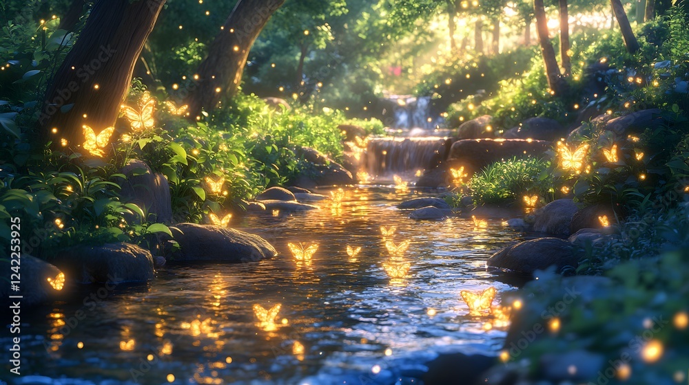 Enchanting forest scene with glowing butterflies near a tranquil stream. Enchanting forest scene with glowing butterflies near a tranquil stream.