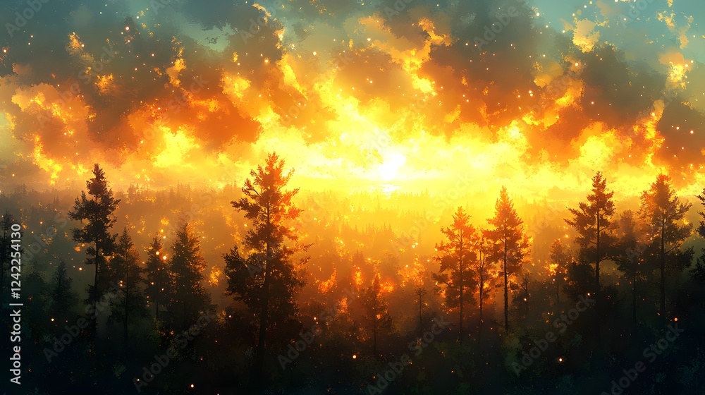 Fototapeta premium Breathtaking sunset over a serene forest landscape with vibrant colors.