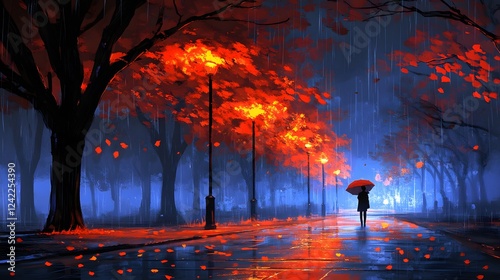 A solitary figure with an umbrella walks through a rain-soaked, autumnal street.