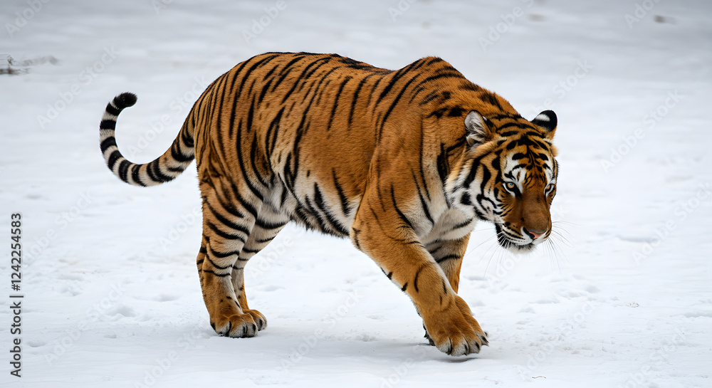 Obraz premium A Bengal tiger in mid-stride, its orange fur and black stripes contrasting sharply against a white background